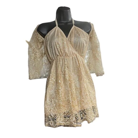 Gold Metallic Floral Romper Size Small Sexy V-Neckline Off Shoulder Halter Tie - Picture 1 of 10